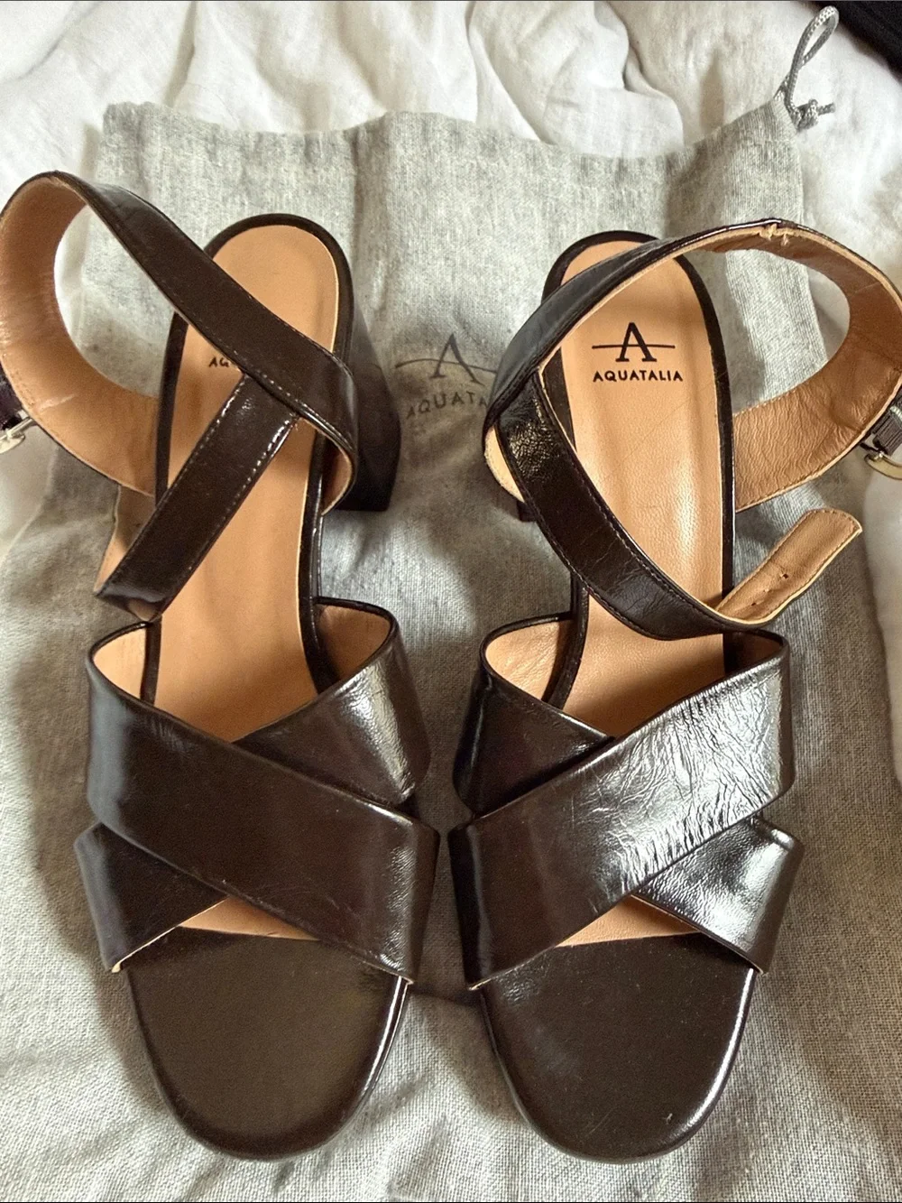 Aquatalia Dark Brown Patent Leather Platform Sandals Size 9